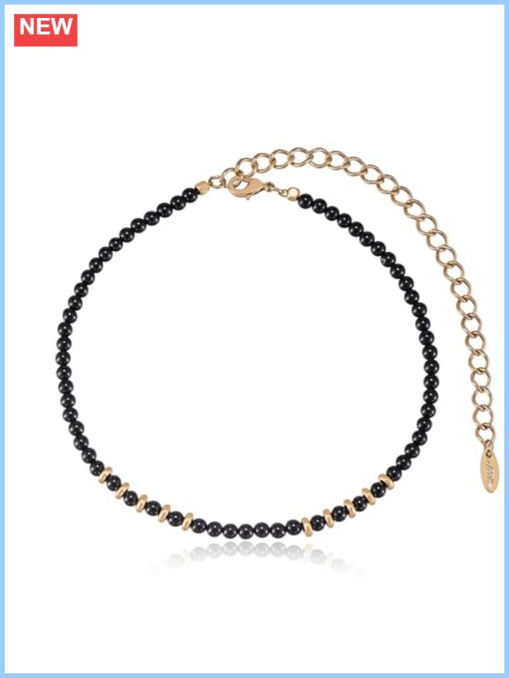 Handmade Natural Onyx Beaded Choker Necklace Gold Plated Rondelle Accents 10.5in